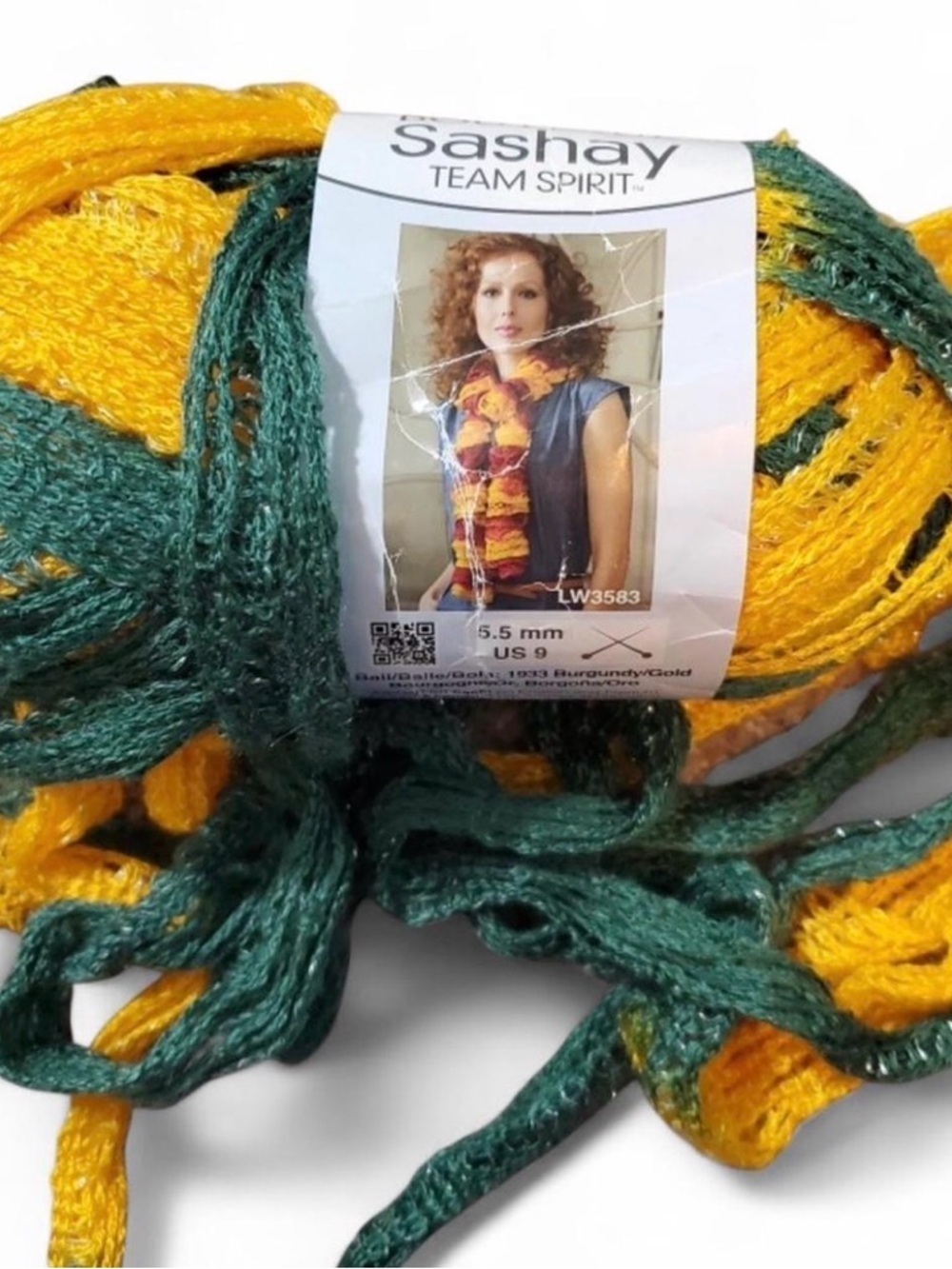Ruffled Knit Scarf in Yellow & Dark Green - Picture 2 of 4